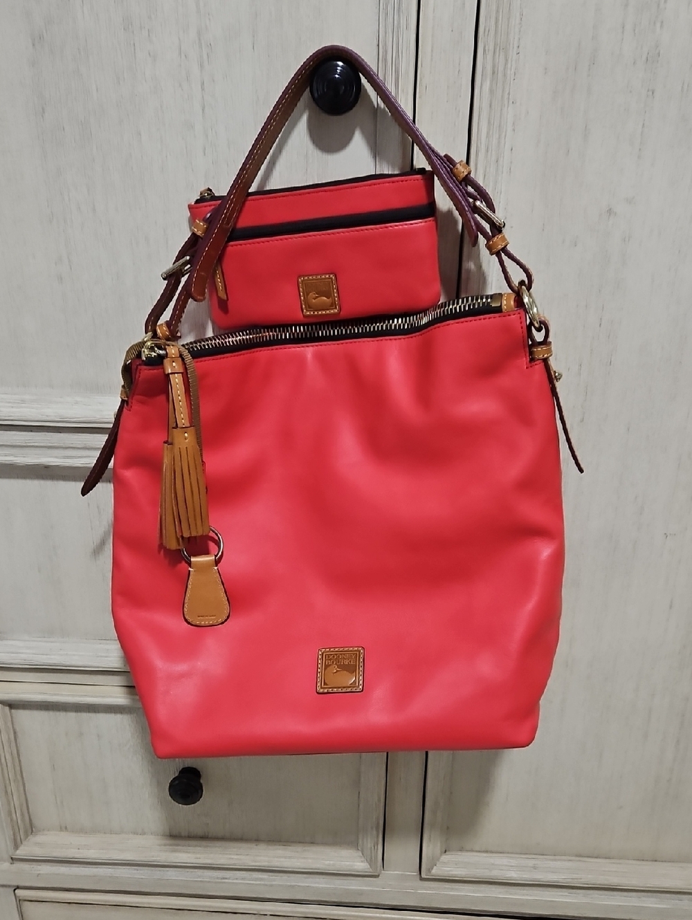 Dooney & Bourke Red Leather Shoulder Bag with Tan Trim and Matching Wallet